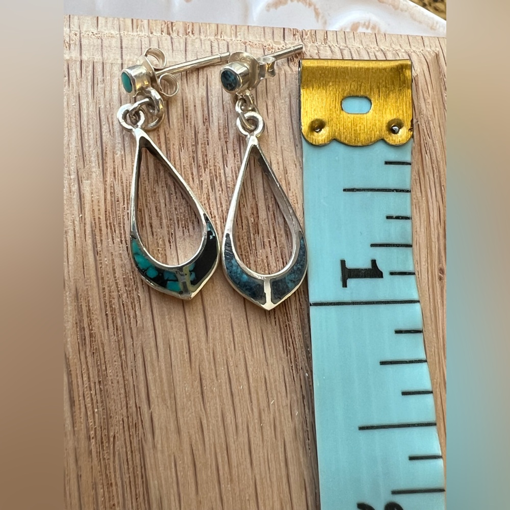 Vintage Sterling Silver Turquoise Inlay Teardrop Earrings 925 NOS - Picture 5 of 5
